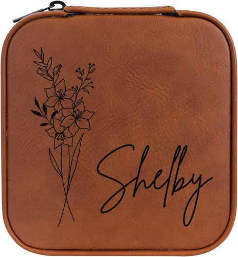 Vista 63 de Joyero de flores de nacimiento personalizado Estuche de viaje (cuero crudo, abril - guisante dulce)