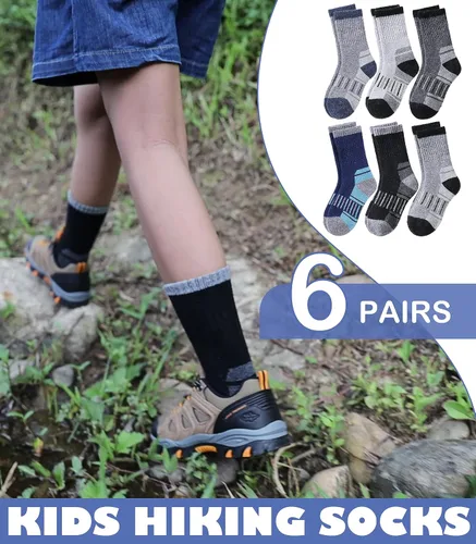 Vista 4 de LINEMIN Calcetines de senderismo de lana merino para niños y niñas, cálidos, gruesos, térmicos, acolchados, para invierno, 6 pares