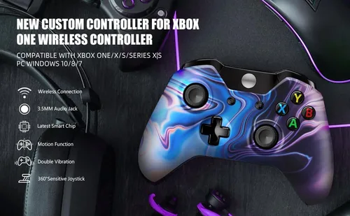 Vista 4 de Isferch Wireless Controller Compatible with Xbox One Design Blue & Purple Swirl Model for All Xbox One Models, Series XS and PC Windows with 3.5mm