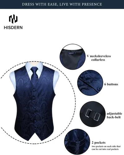 Vista 4 de HISDERN Conjunto de 3 piezas de chaleco formal para hombre, chaleco formal de cachemira floral jacquard corbata bolsillo cuadrado chalecos