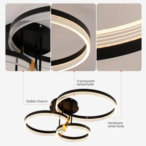 Vista 7 de Lámpara de techo moderna, 3 anillos LED negros cerca del techo, lámpara de techo acrílica regulable de 56 W, lámpara de techo para sala de estar
