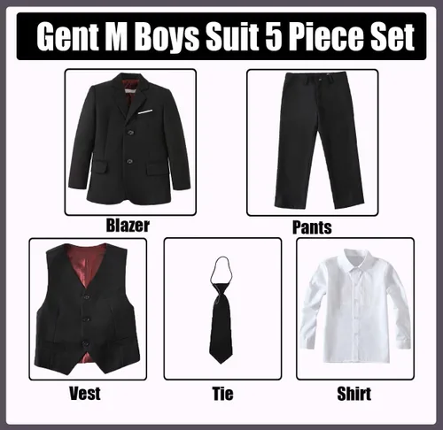 Vista 2 de Traje para niño, formal, ajustado, esmoquin, 5 piezas, traje de boda, blazer, pantalones, chaleco, trajes para niños