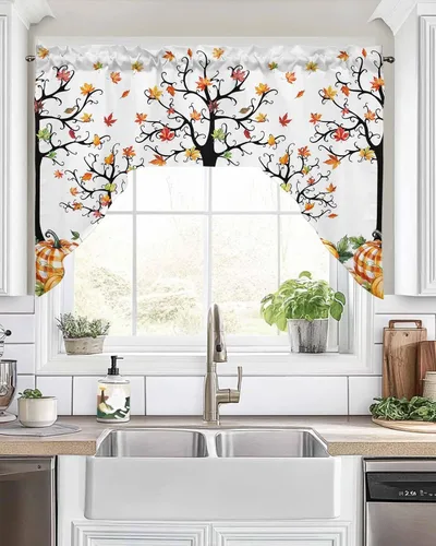 Vista 8 de Pumpkins Thanksgiving Kitchen Curtains Swag Valance and Tier Curtains Set 24 Inch Length, Fall Watercolor Botanical Leaves Retro Rod Pocket Drape