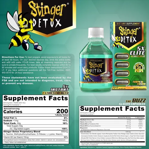 Vista 4 de Stinger Detox Paquete combinado 5X Elite 5X instantáneo 8 oz Fusión tropical 5X cápsulas Buzz