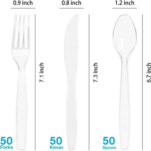 Vista 2 de MOACOCK 150 cubiertos de plástico transparente, tenedores de plástico pesado, cucharas, cuchillos, utensilios desechables para suministros de fiesta