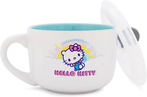 Vista 9 de Silver Buffalo Sanrio Hello Kitty Gato Negro - Taza de sopa de cerámica con tapa ventilada para helado, cereal, bebidas Capacidad de 710 cc