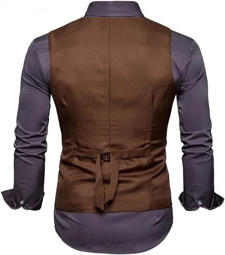Vista 3 de Cloudstyle Chaleco para hombre, doble botonadura con cuello en V, ajustado, chaleco formal para negocios, chaleco de negocios Café