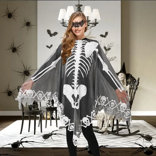 Vista 5 de Poncho de esqueleto de Halloween para mujer, chal de esqueleto de encaje con máscara de murciélago, disfraz de Halloween para mujer