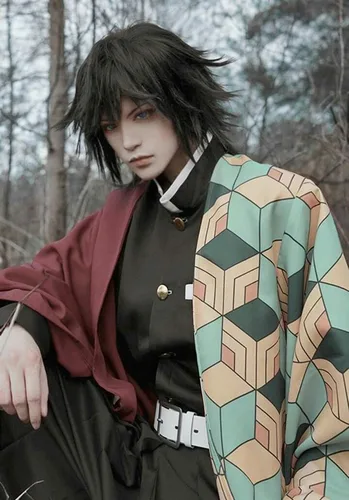 Vista 5 de Aadesso Anime Kimetsu no Yaiba Demon Slayer Cosplay Tomioka Giyuu peluca con gorra de peluca para hombres y mujeres