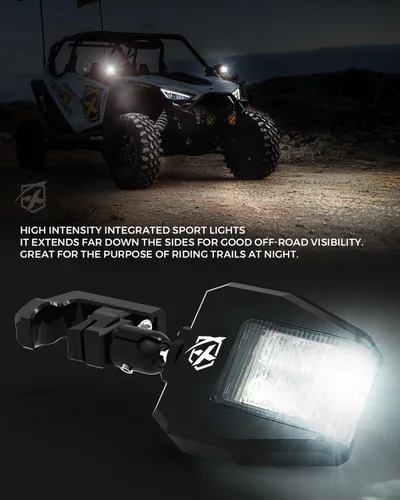 Vista 3 de Xprite UTV Espejos Laterales de Aluminio con Focos LED Lente Transparente Compatible con Barra de Jaula Antivuelco de 1.75"-2" para Pioneer Polaris