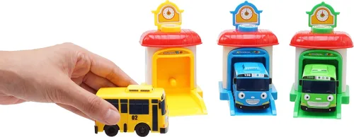 Vista 3 de Tayo pequeño autobús con estación para lanzar autos, set Rogi Tayo Rani