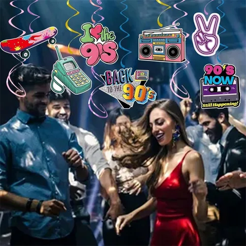 Vista 2 de Decoraciones de fiesta temática de los años 90, remolinos colgantes retro con cassette, boombox, patín de ruedas, notas musicales, 24 piezas