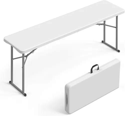 Vista 9 de VINGLI Mesa plegable estrecha de 6 pies, mesa doblada por la mitad, material HDPE de alta calidad y marco de metal resistente, perfecta para bufé