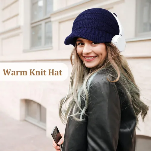 Vista 4 de Gorro de punto de invierno para mujer, gorro de invierno para mujer, gorro holgado con visera, gorro cálido con calavera de Newsboy