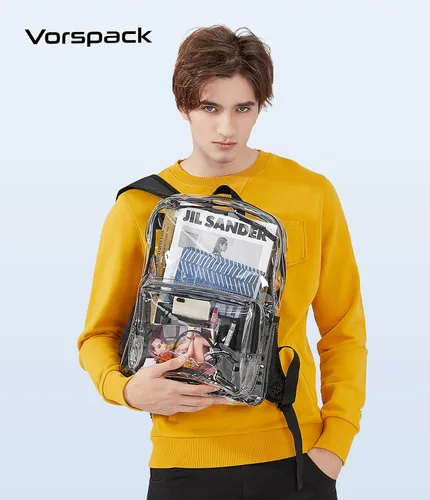 Vista 5 de Vorspack Mochila Clara Transparente - Mochila Transparente de PVC de Servicio Pesado See Through para Universidad y Lugar de Trabajo Negro