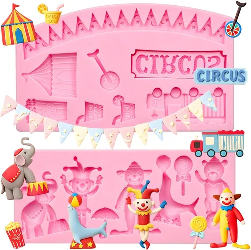 Vista 11 de Moldes de silicona para fondant de circo, 2 unidades, moldes de chocolate de elefante payaso, molde de cocina para hornear para decoración