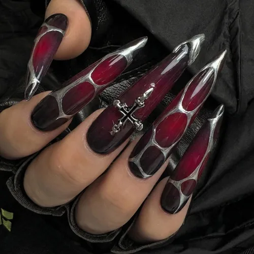 Vista 2 de BABALAL - Uñas postizas largas a presión, uñas postizas negras y rojas, uñas acrílicas de almendra con diseño gótico de vampiro, uñas adhesivas