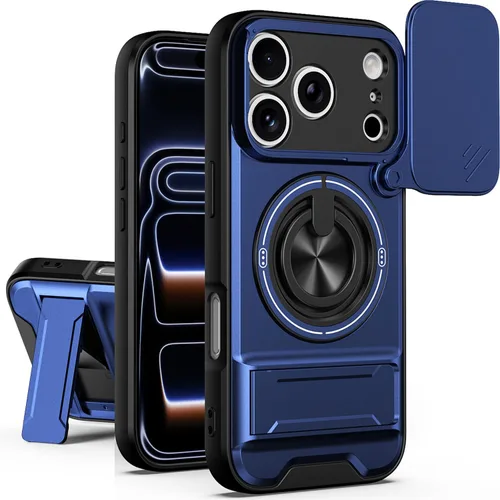 Vista 13 de Dssairo Funda para iPhone 15 con anillo magnético de rotación de 360° compatible con carcasa MagSafe Slide para cámara, soporte plegable, funda Negro