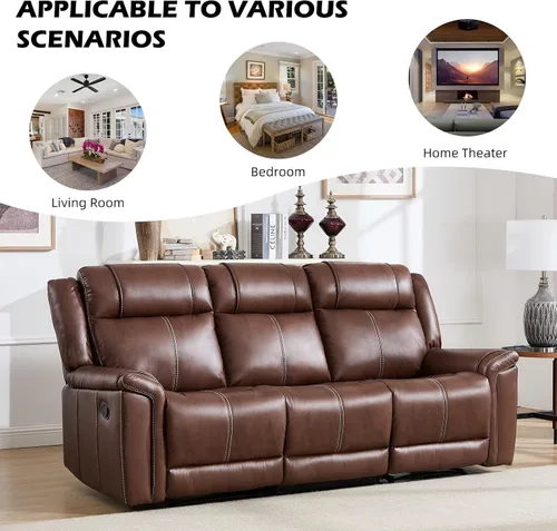 Vista 5 de EBELLO Sofá reclinable de cuero sintético de 3 plazas, sofá reclinable manual, silla de 3 asientos de estilo moderno de mediados de siglo con Marrón