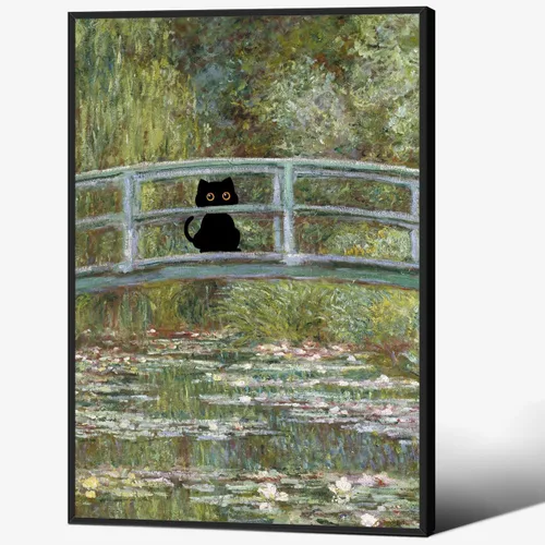 Vista 29 de CAXIYSH Arte de pared de gato negro Monet, póster de lirios acuáticos, vintage, divertido, floral, gato, lienzo, pinturas famosas, impresiones