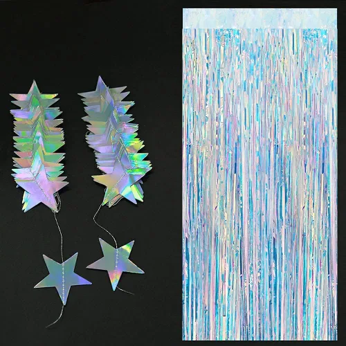 Vista 5 de Cheerland Decoraciones de fiesta iridiscentes holográficas de oropel telón de fondo de estrellas brillantes con purpurina para decoración