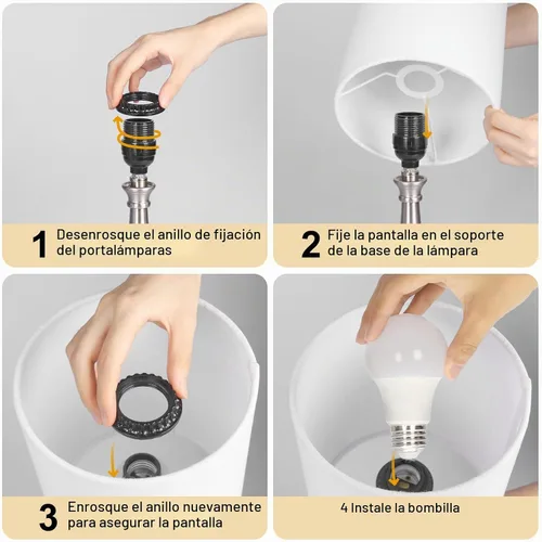 Vista 6 de Lámpara de mesa con control táctil, lámpara de noche regulable de 3 vías, lámpara de luz simple con pantalla de lámpara blanca y base de metal