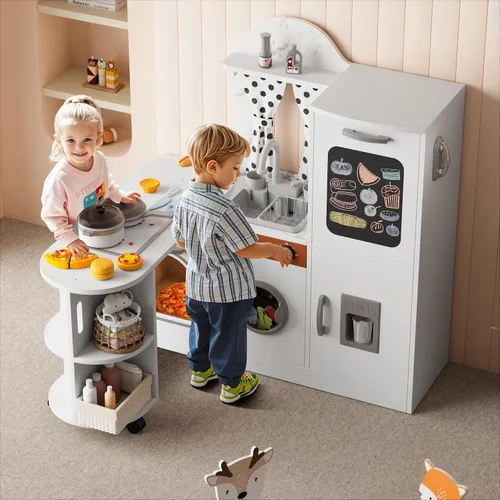 Vista 9 de Juego de cocina para niños, con 21 accesorios divertidos, cocina de juguete con electrodomésticos realistas, almacenamiento inteligente, cocina