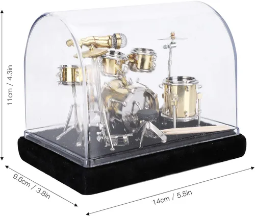 Vista 3 de Cyrank Mini modelo de kit de batería, modelo de instrumento musical dorado de metal, adorno de exhibición con soporte y estuche en miniatura