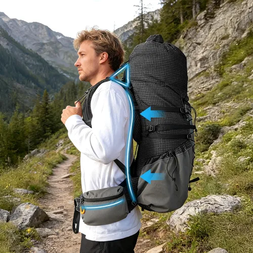 Vista 5 de Night Cat Backpcack de senderismo de marco interno: 50l - 70l Mochila Negro