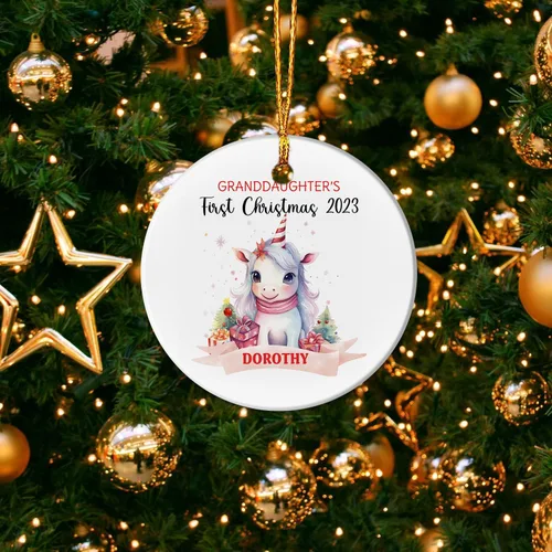 Vista 3 de Adorno personalizado de primera Navidad para nieta 2023, adorno de unicornio, personalizado para bebé, regalos de nieta, recuerdo de bebé