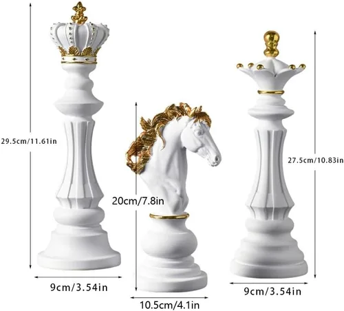Vista 4 de 通用 Paquete de 3 adornos de estatua de ajedrez King Queen Knight Escultura de resina para decoración de manualidades para el hogar, oficina