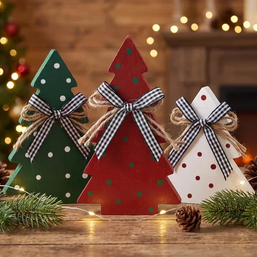 Vista 9 de Yookeer Decoración Navideña 3 Piezas Mesa de Madera Rústica Árbol de Navidad Granja Centro de Mesa de Madera Navideño para Mesa Pequeña Árboles