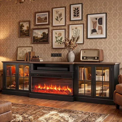 Vista 15 de Mueble de TV de estilo granja de 98" con chimenea de 36" para televisores de hasta 100", centro de entretenimiento multimedia con estantes 2-Blanco
