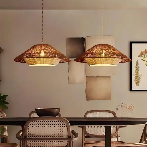 Vista 2 de LIGHTLAND Lámpara colgante de ratán bohemio de 19.7 pulgadas, araña tejida con cordel, lámpara tejida a mano estilo Wabi-sabi para comedor, isla