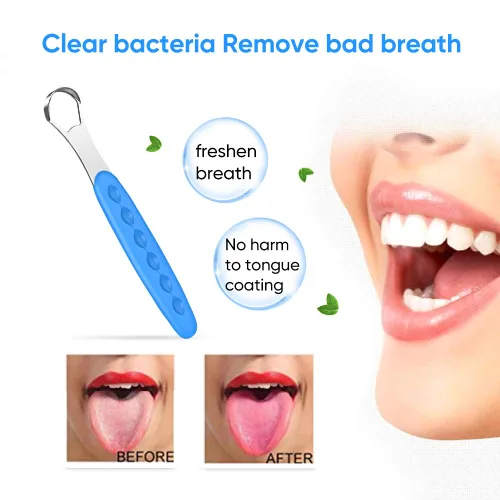 Vista 4 de Nueva versión limpiador raspador de lengua para adultos y niños, juego de cepillos de lengua de metal de grado médico para aliento fresco dental