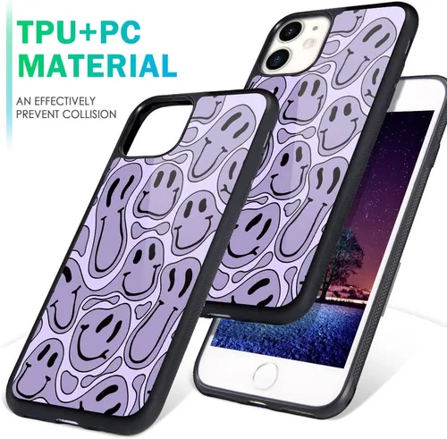 Vista 6 de Funda compatible con iPhone 11, cara divertida morada, cubierta trasera dura con bonito diseño de patrón trippy, funda de TPU suave para niñas