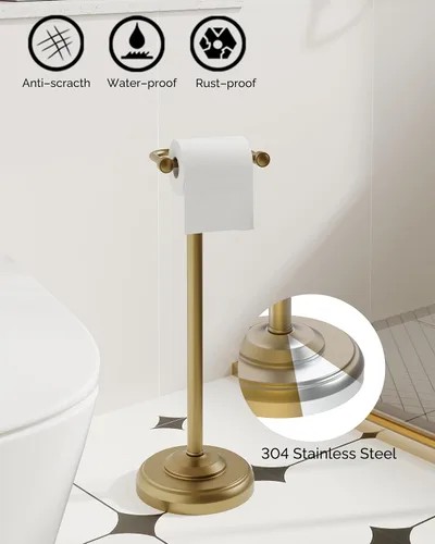 Vista 3 de Soporte de papel higiénico, soporte de papel higiénico de latón cepillado de pie, diseño giratorio de poste y base pesada estable de acero