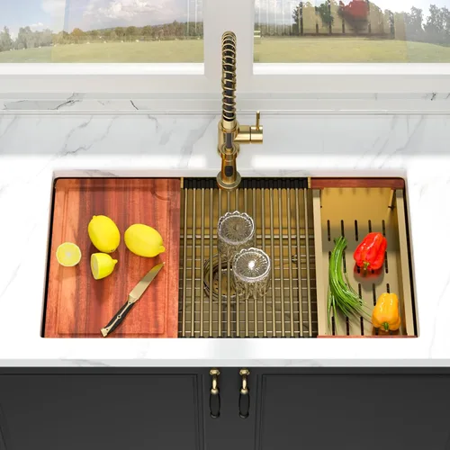 Vista 3 de Mocoloo Fregadero de cocina dorado 33 – Fregaderos de cocina empotrados de 33 x 19 pulgadas, estación de trabajo, fregadero dorado, fregadero