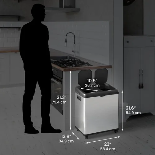 Vista 6 de iTouchless Bote de basura de cocina con sensor 2.0 de 16 galones, con doble compartimiento, con ruedas, de acero inoxidable, automático, de 8