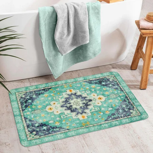 Vista 10 de Uphome Alfombra de baño vintage, azul, bohemio, antideslizante, oriental, suave, lavable a máquina, lindas alfombras de baño tribales florales