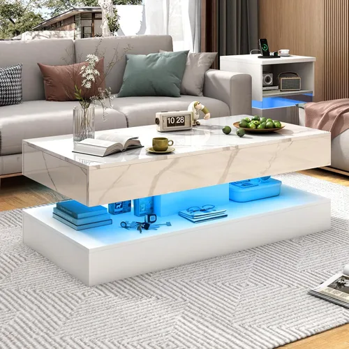 Vista 10 de chartustriable Mesa auxiliar grande de 39.4 pulgadas con LED de alto brillo con 2 cajones deslizantes, mesas de centro de almacenamiento para sala