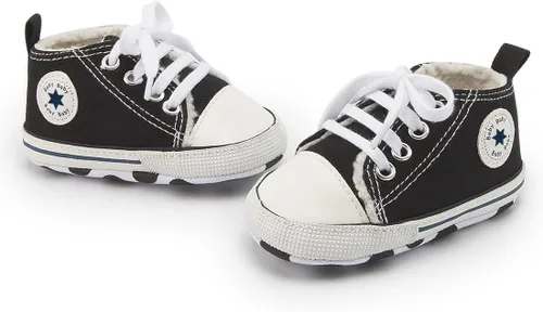 Vista 3 de KIDSUN - Zapatos deportivos unisex de caña alta para bebés, mezclilla de lona, suela antideslizante, suaves, para los primeros pasos