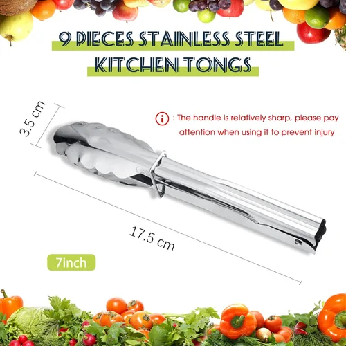 Vista 2 de Chengu Juego de 18 pinzas de cocina de acero inoxidable con anillos deslizantes de 7 pulgadas, pinzas de cocina antideslizantes para ensalada