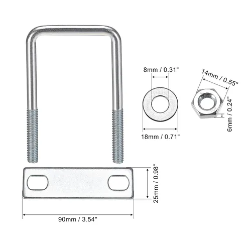 Vista 16 de uxcell Pernos cuadrados en U de 1 "(25 mm) de ancho interior de acero al carbono M8 con tuercas, placa de marco, arandelas redondas, juego de 4