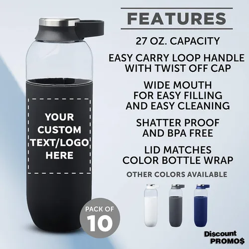 Vista 2 de DISCOUNT PROMOS Custom Strike - Botellas de agua de plástico con asa de transporte de 27 onzas, juego de 10, paquete personalizado a granel