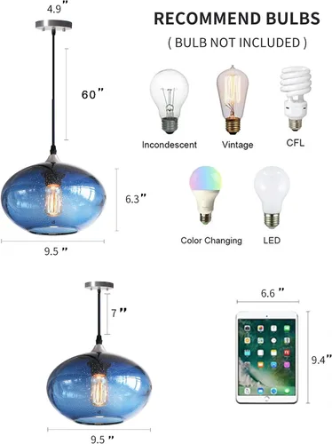 Vista 6 de Iluminación Colgante para Isla de Cocina de Cristal Azul Moderno Lámpara Colgante con Burbujas Texturizadas Sobre Fregadero 9.4 Pulgadas de Diámetro