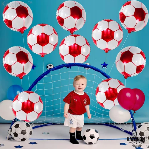 Vista 7 de Paquete de 20 globos metálicos de fútbol de 18 pulgadas, suministros de fiesta de cumpleaños de fútbol, globos redondos de papel de aluminio de bola