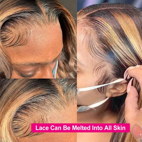 Vista 4 de Flady Peluca de cabello humano con encaje frontal ombré, prearrancada, sin pegamento, peluca frontal de encaje HD 4/27, pelucas de cabello humano
