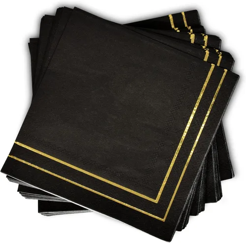 Vista 3 de Gift Boutique 100 servilletas doradas y negras de 3 capas de papel de aluminio dorado metálico con rayas desechables para postres de papel