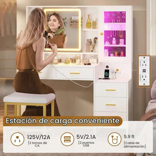 Vista 5 de BTHFST Tocador de maquillaje con taburete tapizado y estación de carga, escritorio con espejo y luces, juego de mesa de tocador con almacenamiento